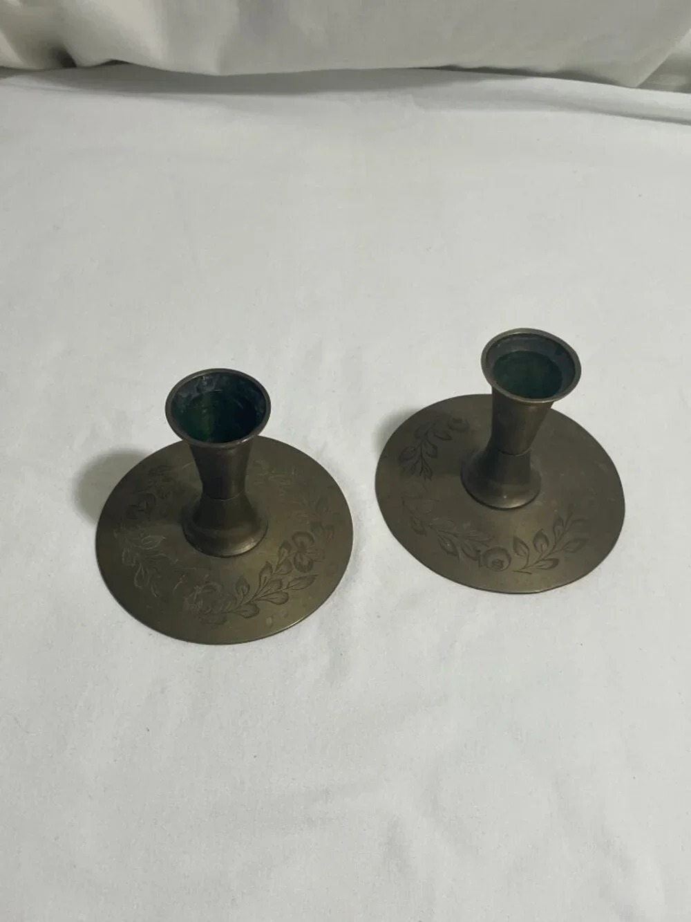Vintage Pair Etched Solid Brass Candlestick Holders India Floral Taper Candle 3.